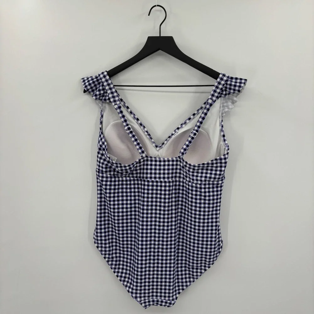 Kona Sol One‎ Piece Swimsuit Womens 16W Navy Blue Gingham Ruffle V-Neck Vacation